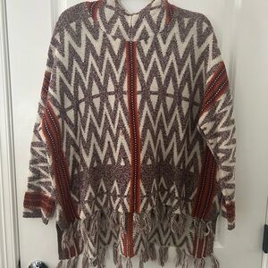 Shrinking Violet Aztec Fringe Cardigan Sweater | Hooded Boho Knit | Size Small
